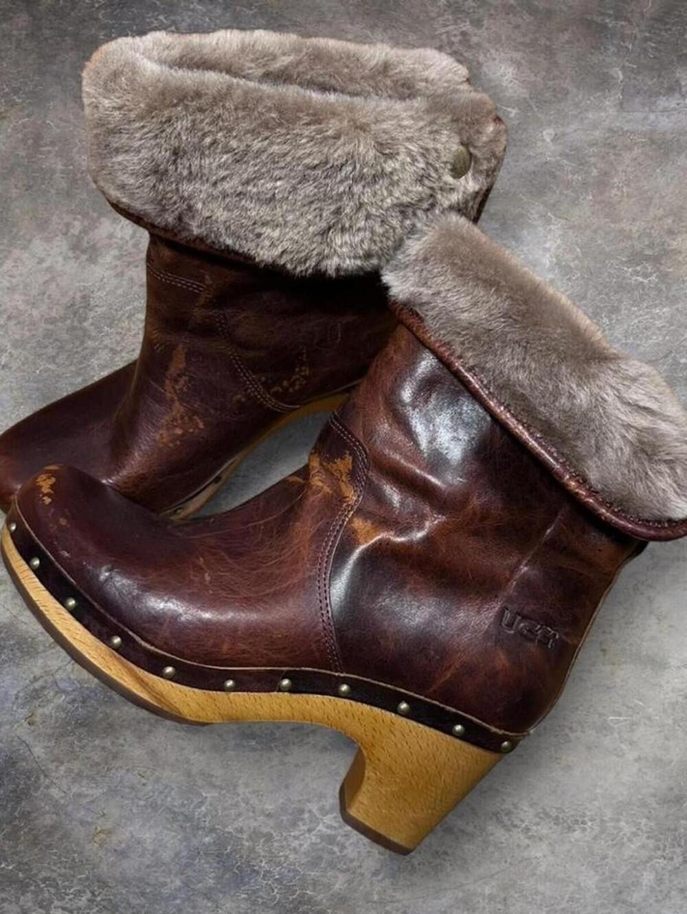 UGG Lynnea Clog Boots Brown Leather Shearling Fur Lined Fold-Down Women's Sz 6